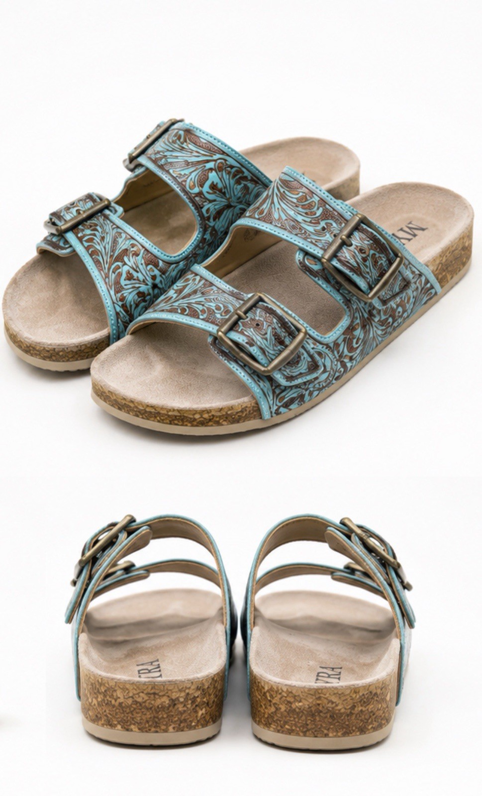MYRA Leather Slide Sandals Turquoise/Brown Floral Double Buckle 10