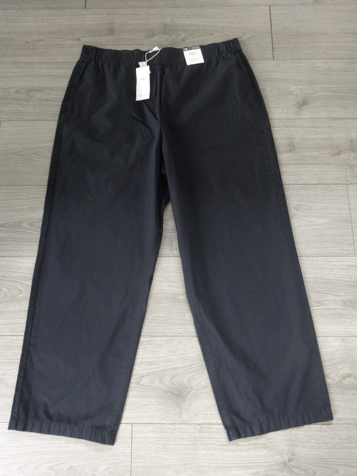 M&S MARKS & SPENCER BLACK COTTON PULL ON STRAIGHT TROUSERS UK SIZE 18 REG