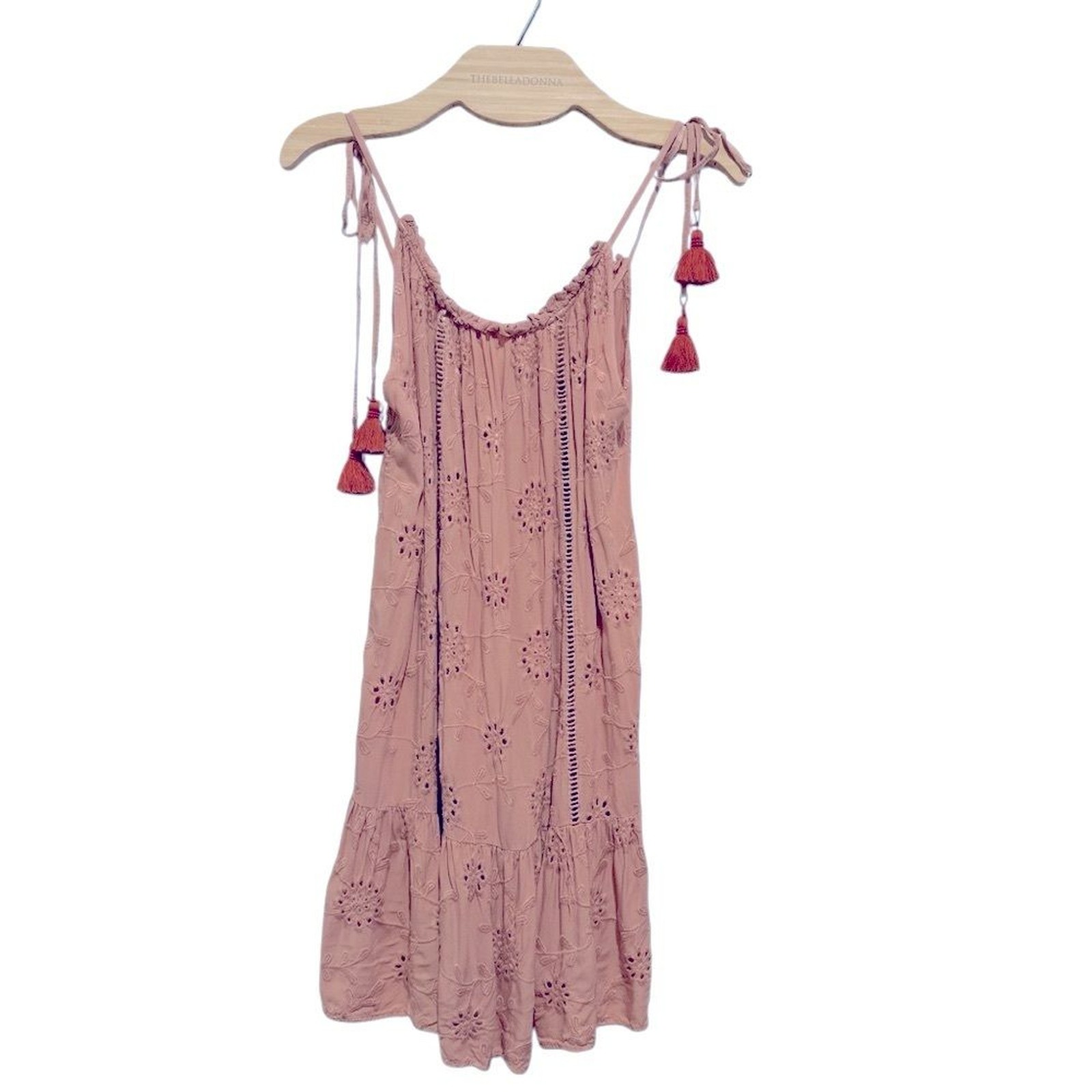 MAAJI REVOLVE MAGNOLIA BOHO EYELET CHAMPAGNE BEACH COASTAL DRESS TASSELS M