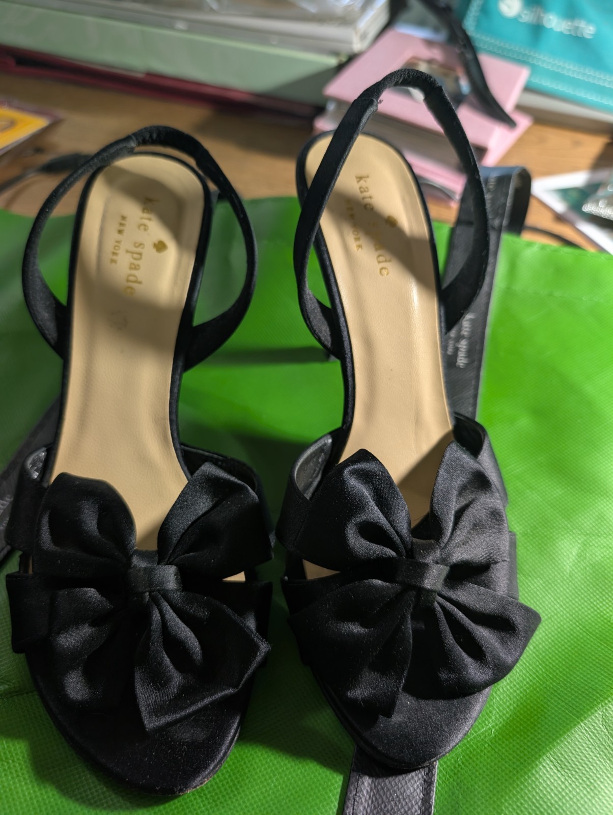 Kate Spade Satin Bow Detail Heels with Dark Green Re-usable Tote Bag