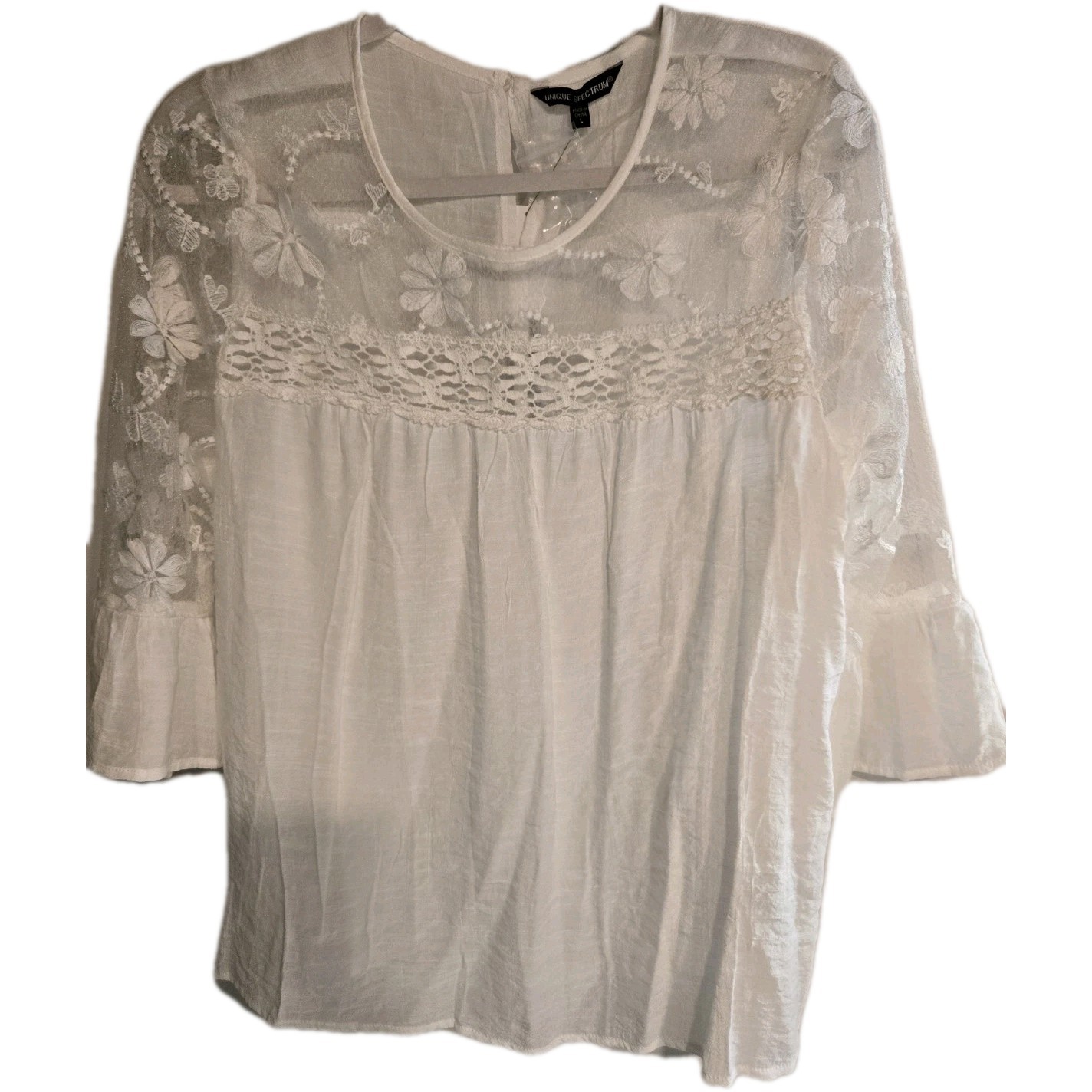 Unique Spectrum White Boho Blouse Top Sz L Womens