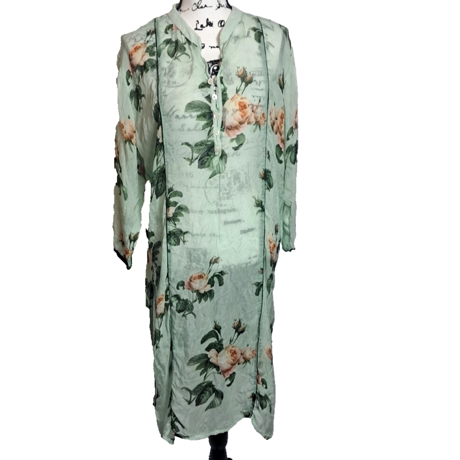 Floral Rose Silky Sheer Henley Tunic Dress Cover Up Kaftan Large Bohemian Green