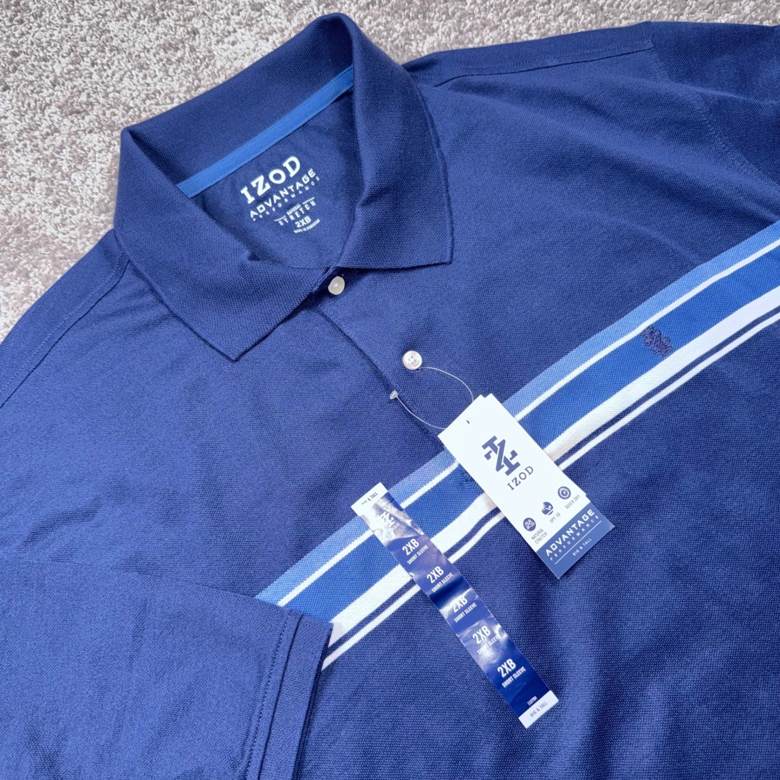 IZOD Advantage Performance Polo Mens Striped Stretch Medieval Blue 2XB NEW