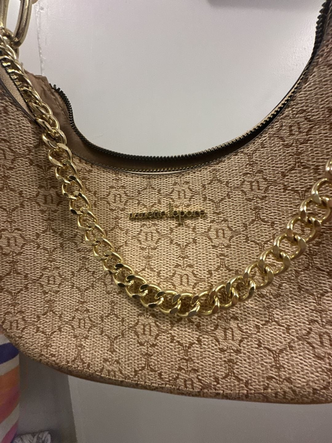 Nanette Lepore Francisca Short Shoulder Bag With Chain Strap in Almond Logo