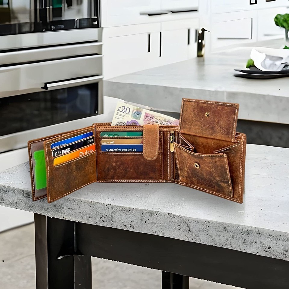 Personalised Custom Engraved RFID Blocking Mens Distressed Hunter leather Wallet