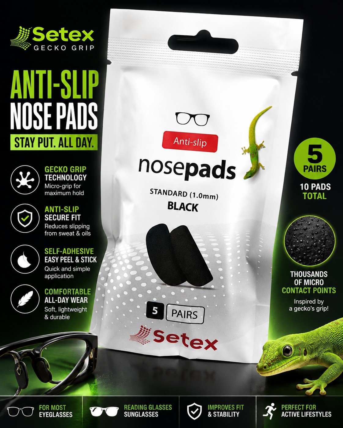 Setex Anti Slip Eyeglass Nose Pads Black 1.0mm 5 Pair Gecko Grip Glasses