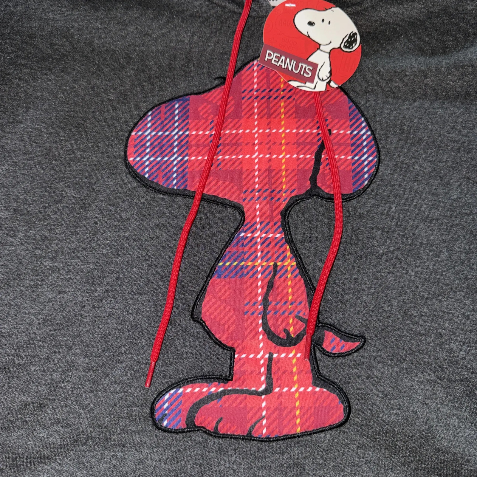 Peanuts Snoopy Applique Pullover Hoodie Dark Heather Gray Red Plaid Womens M NEW