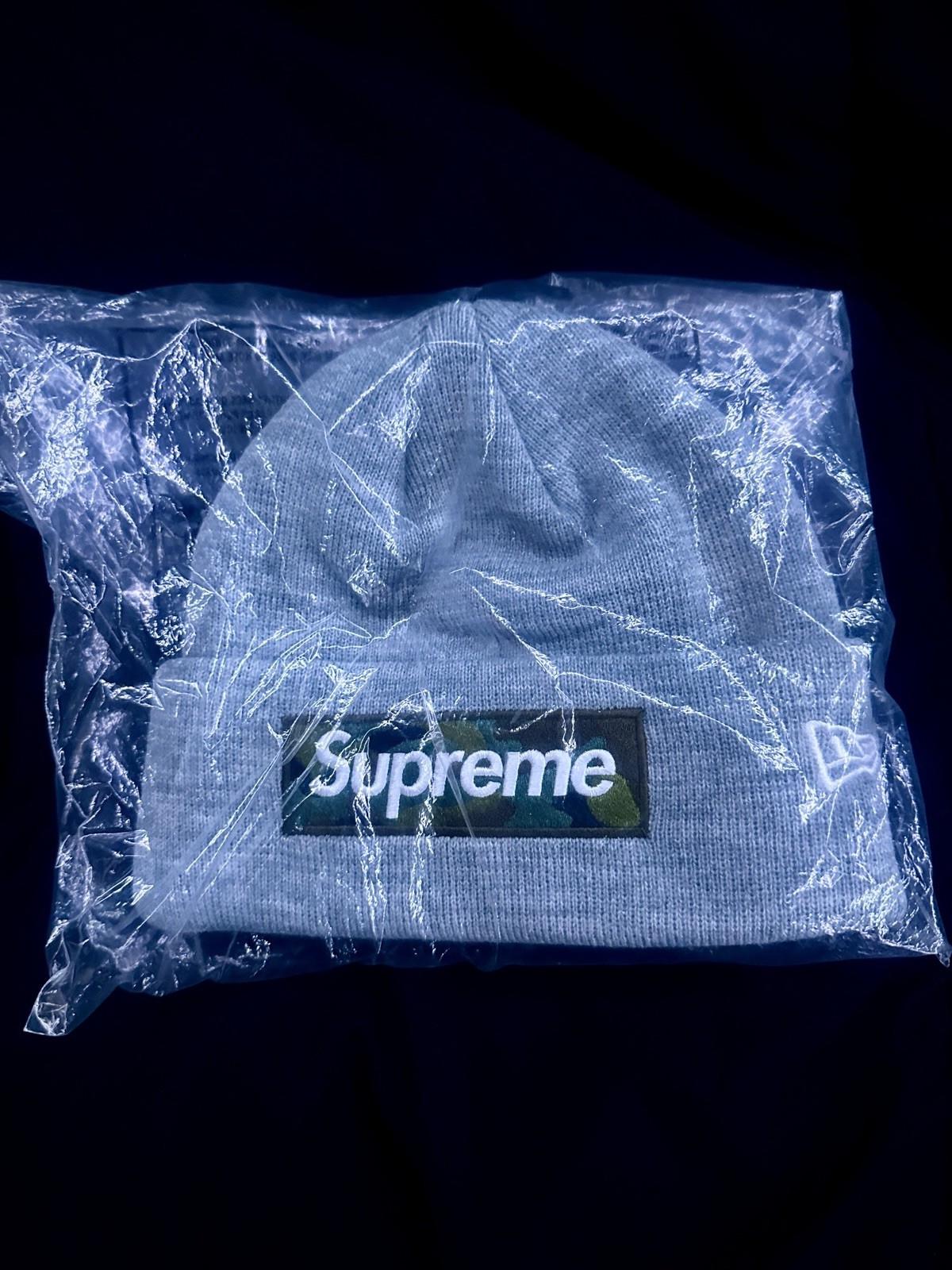 Supreme New Era Camo Box Logo Beanie – Heather Gray (FW23) New in Bag