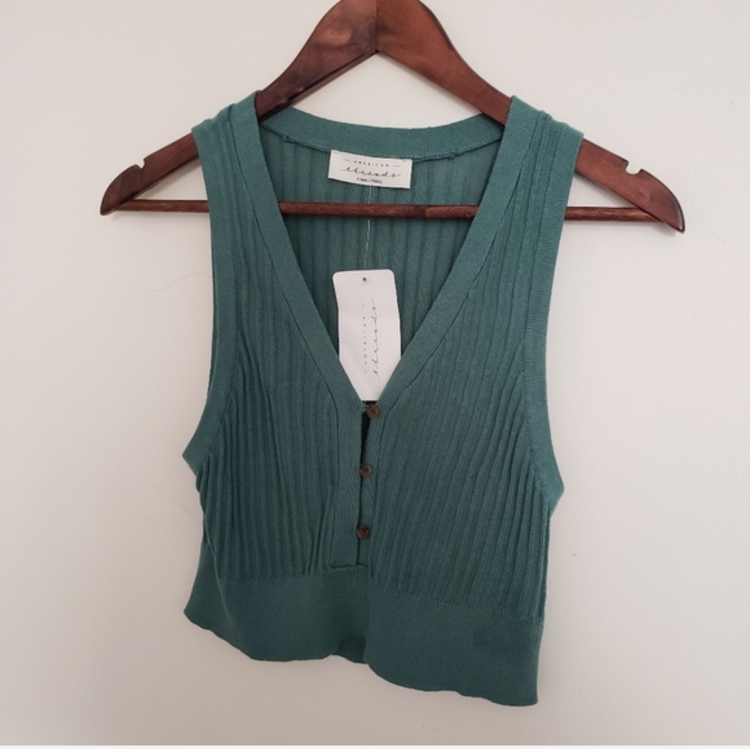 American Threads Teal Ribbed, Knitted Button-Front Crop Top Size XS/S