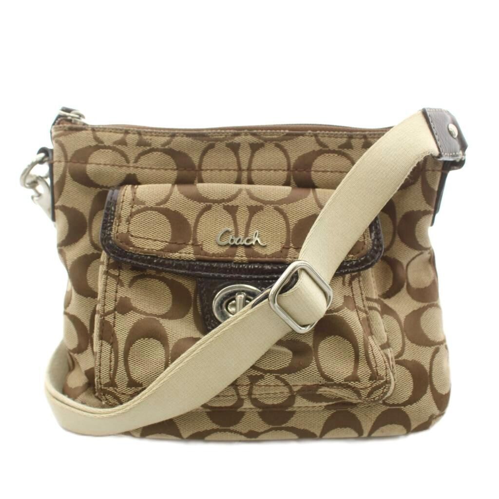Coach Signature Canvas Leather Shoulder Bag Beige Brown Women 18cm 17.5cm