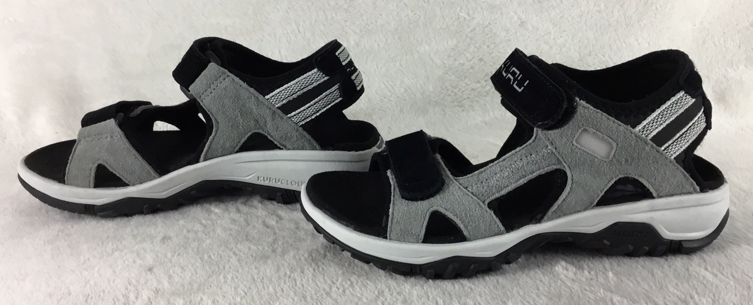 Kuru Tread Sandals Womens 6 M Gray Black Leather Beach Walking Outdoor Strappy