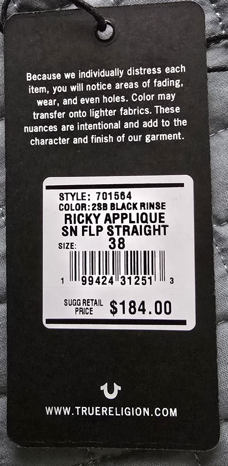 NWT True Religion Ricky Black Jeans Mens 38×30 Red Stitch Relaxed Straight Flap