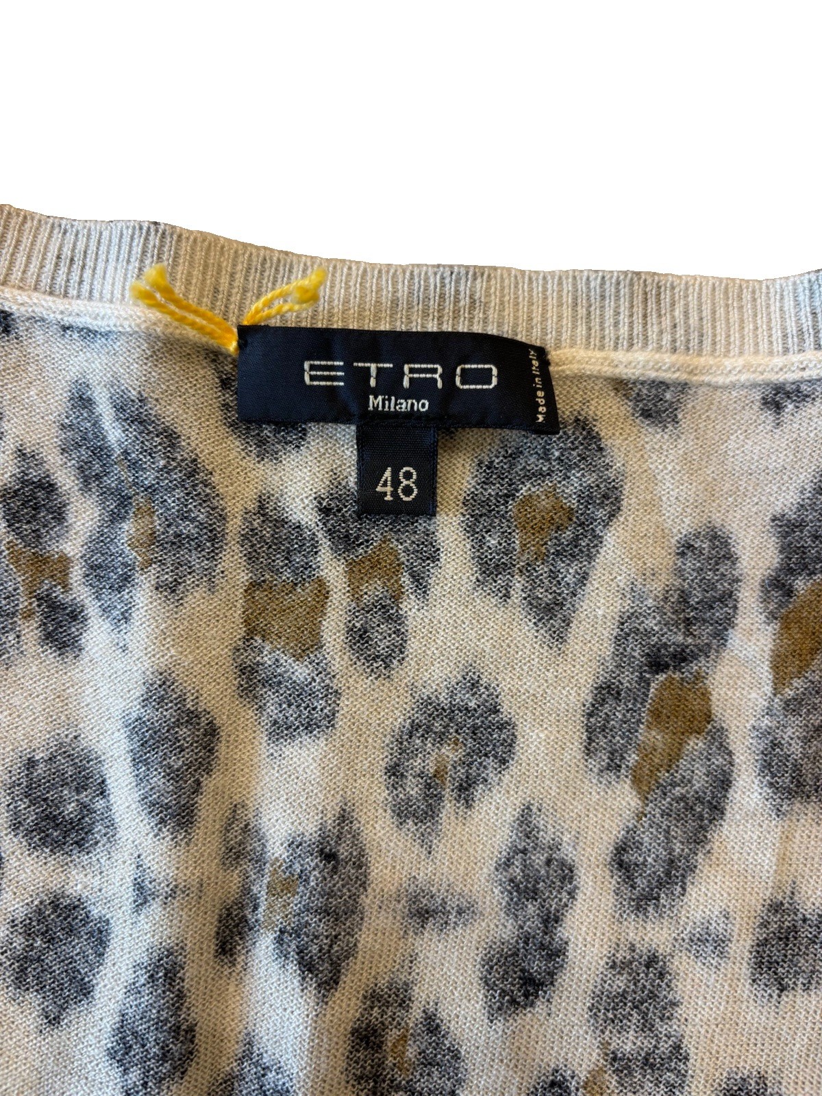 ETRO Milano Sweater Silk Cashmere V Neck Animal Print Italy Sz 48