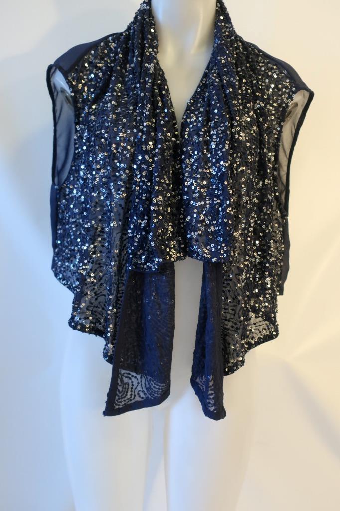 Womens Gold Hawk Blue Sequined Semi-Sheer Open Evening Shrug Jacket Top L *