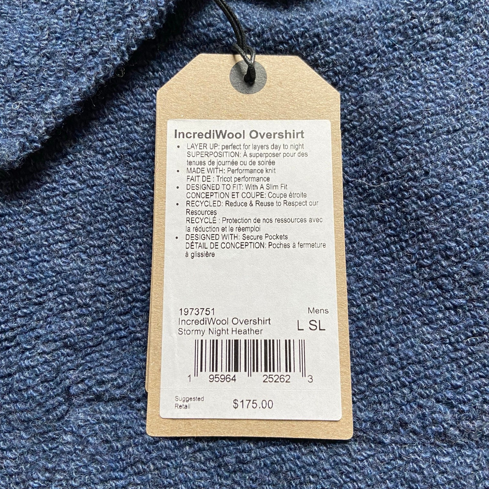 Prana IncrediWool Overshirt Men’s Large Stormy Night Heather Slim Fit Shacket