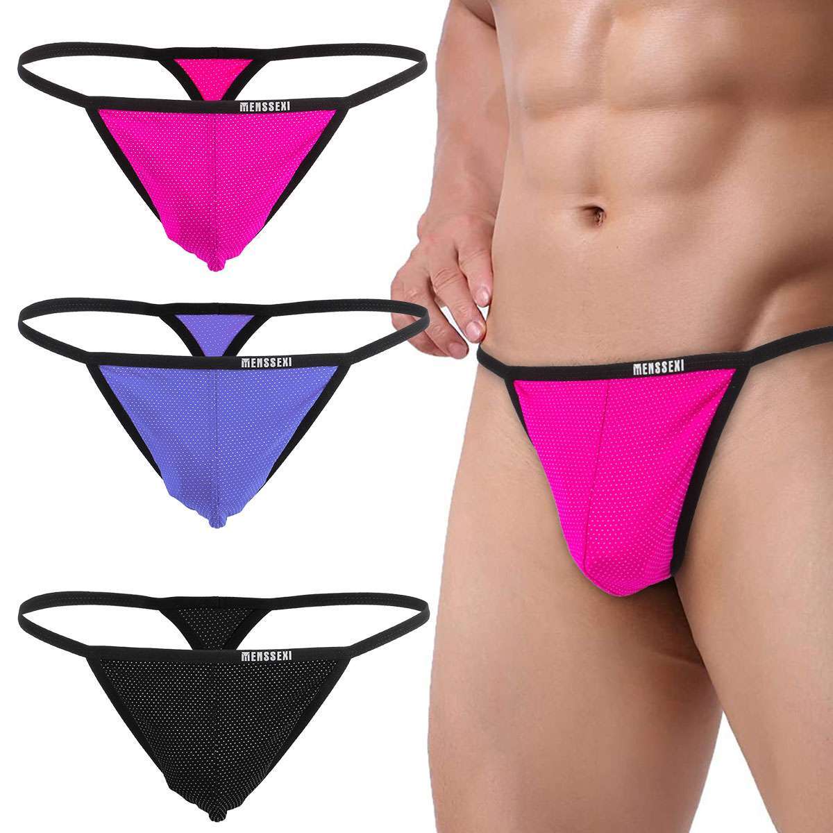 1-3Pcs Sexy Mens T-Back G-string Thong Bikini Underwear Mesh Sheer Pouch Thongs