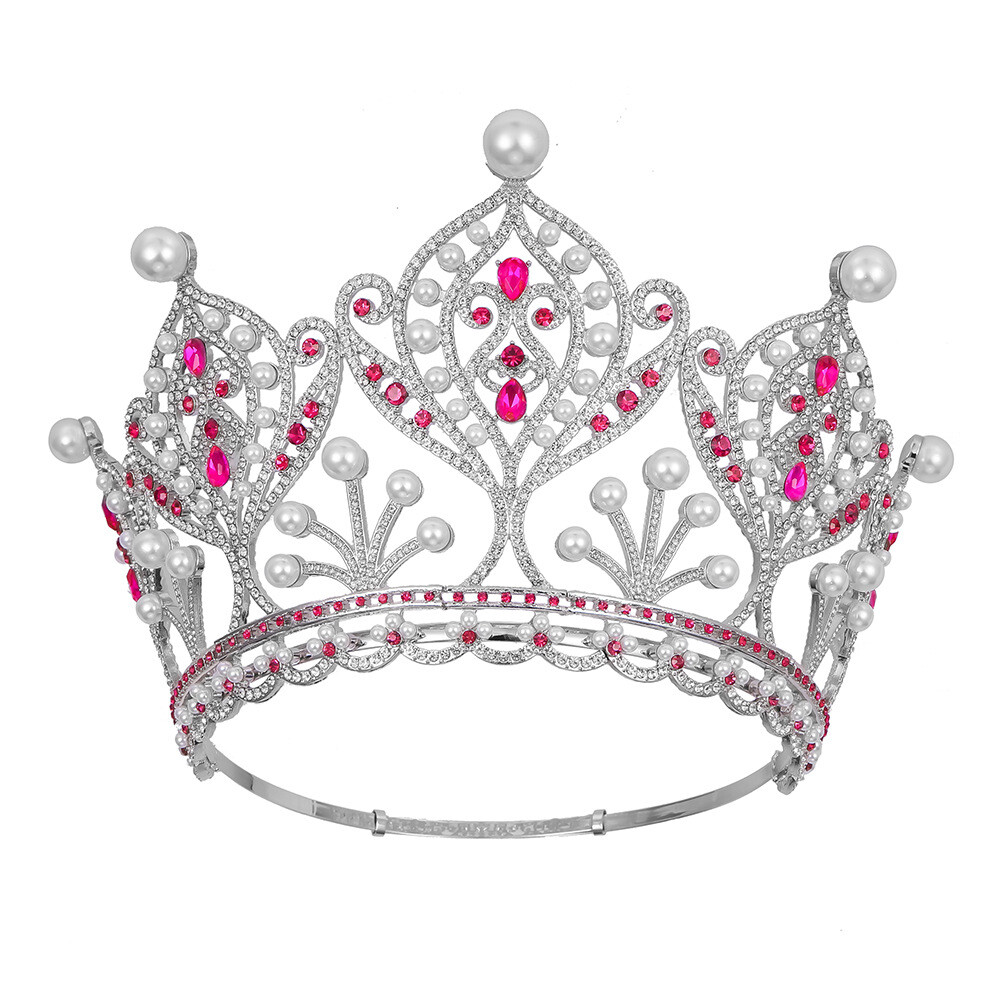 13cm Tall Pink Silver Crystal Tiara Crown Wedding Queen Princess Prom Adjustable