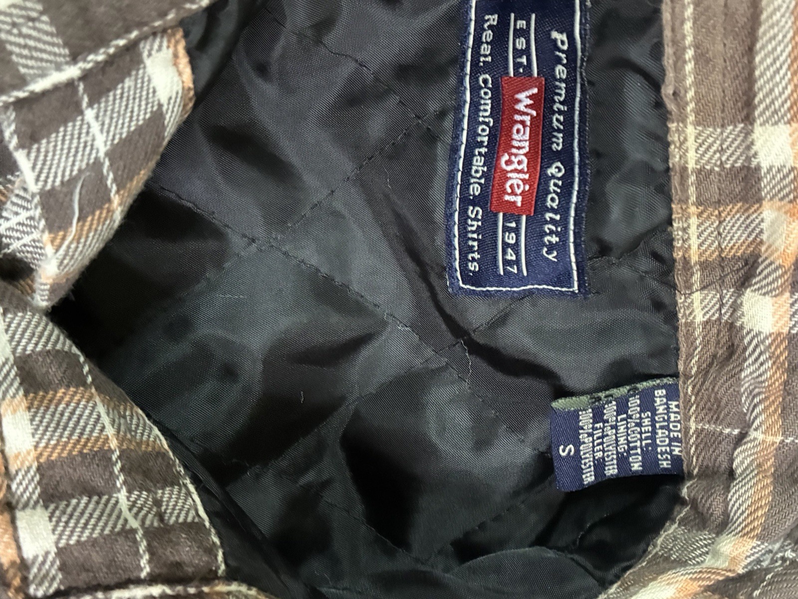 Wrangler Mens Quilted Lined Flannel Shirt Jacket Brown Plaid Shacket Small
