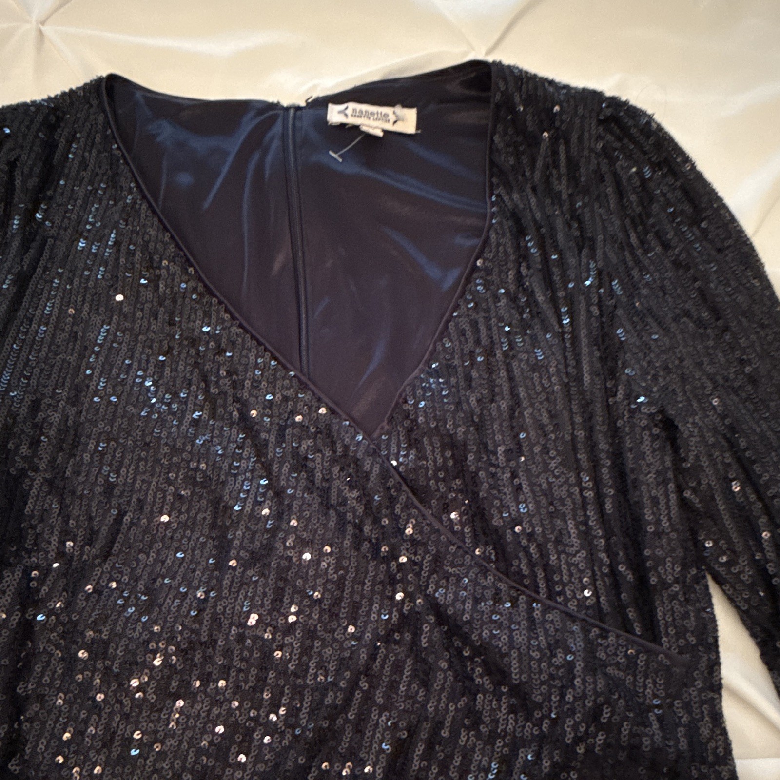 Nanette Lepore Women’s Navy Blue Sequin V-Neck Faux Wrap Knee Length Dress 12