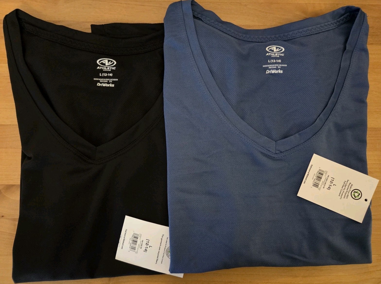 Athletic Works SET OF 2 Women’s LARGE Core V-Neck Tee BLUE BLACK DriWorks #21426