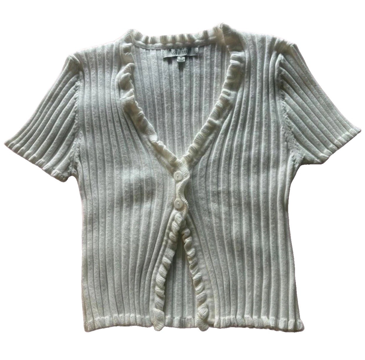 Love Tree Womens Rib-Knit V-Neck Button Front Ruffle Cardigan Light Blue M