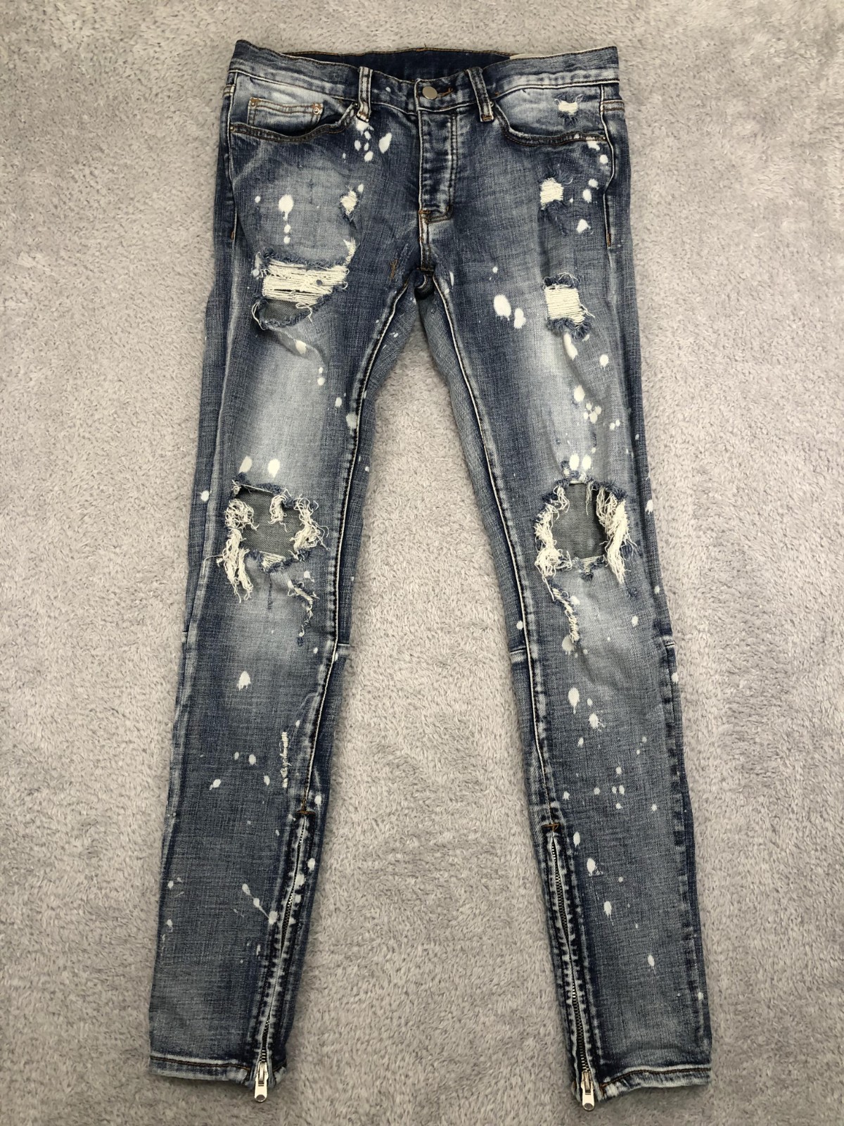 Mnml Jeans Mens 32×33 (Tag 31) Blue Skinny Distressed Zip Hem Denim Low Rise