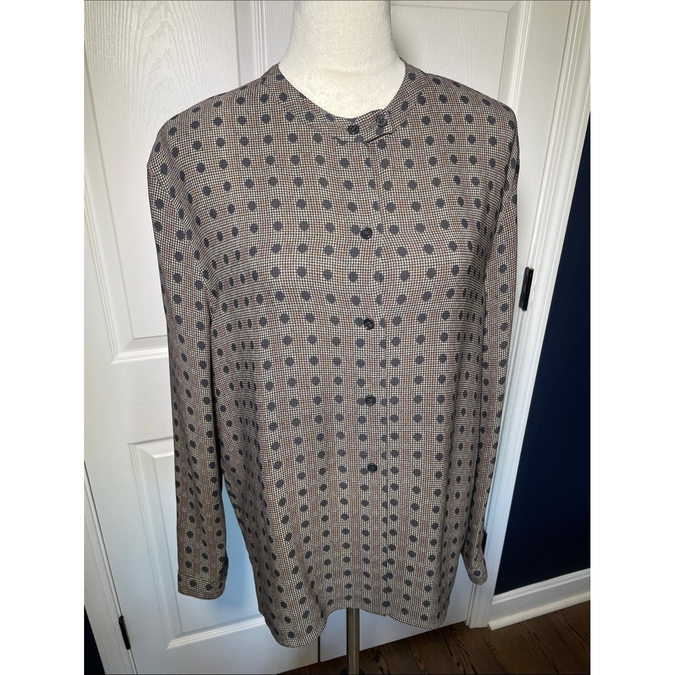 Vintage Calvin Klein Collection Silk Blouse 90s Houndstooth Polka Dot Top Sz 14