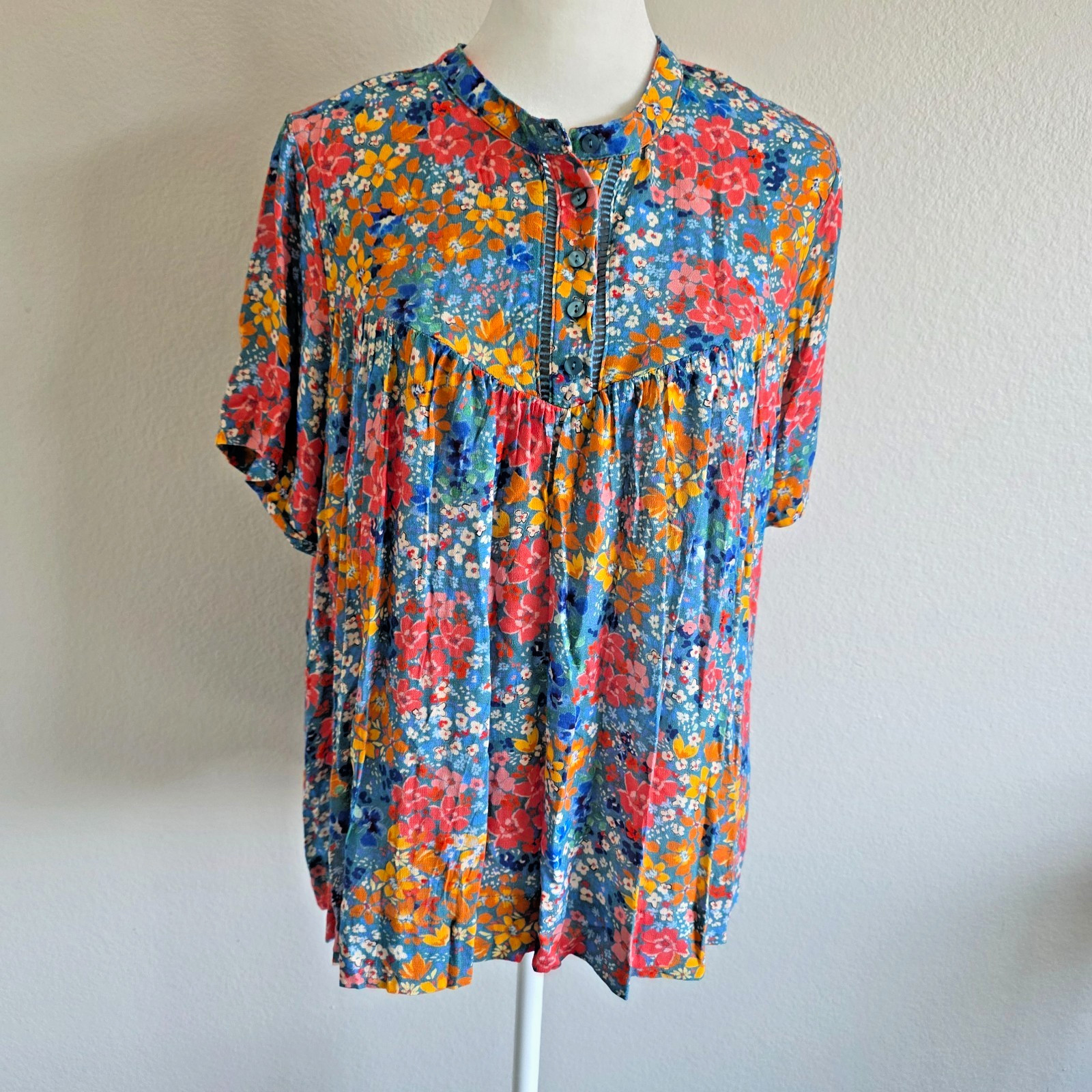 DEAR JOHN Blouse Babydoll Artsy Floral Top Popover Colorful Lace Ladder Size M