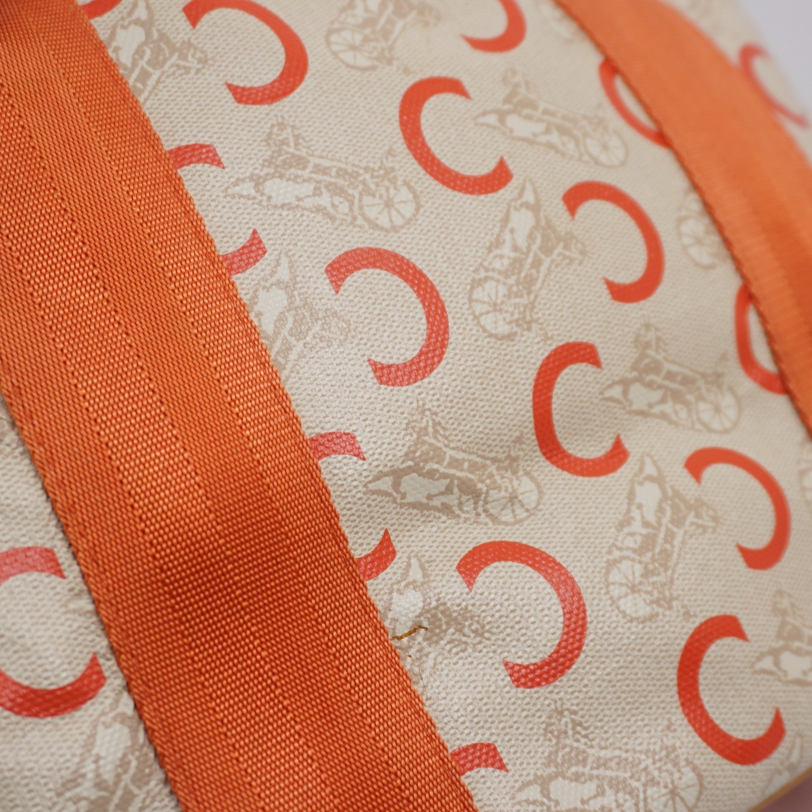 CELINE C Sulky Carriage Horse Tote Bag Coated Canvas Leather Orange Auth