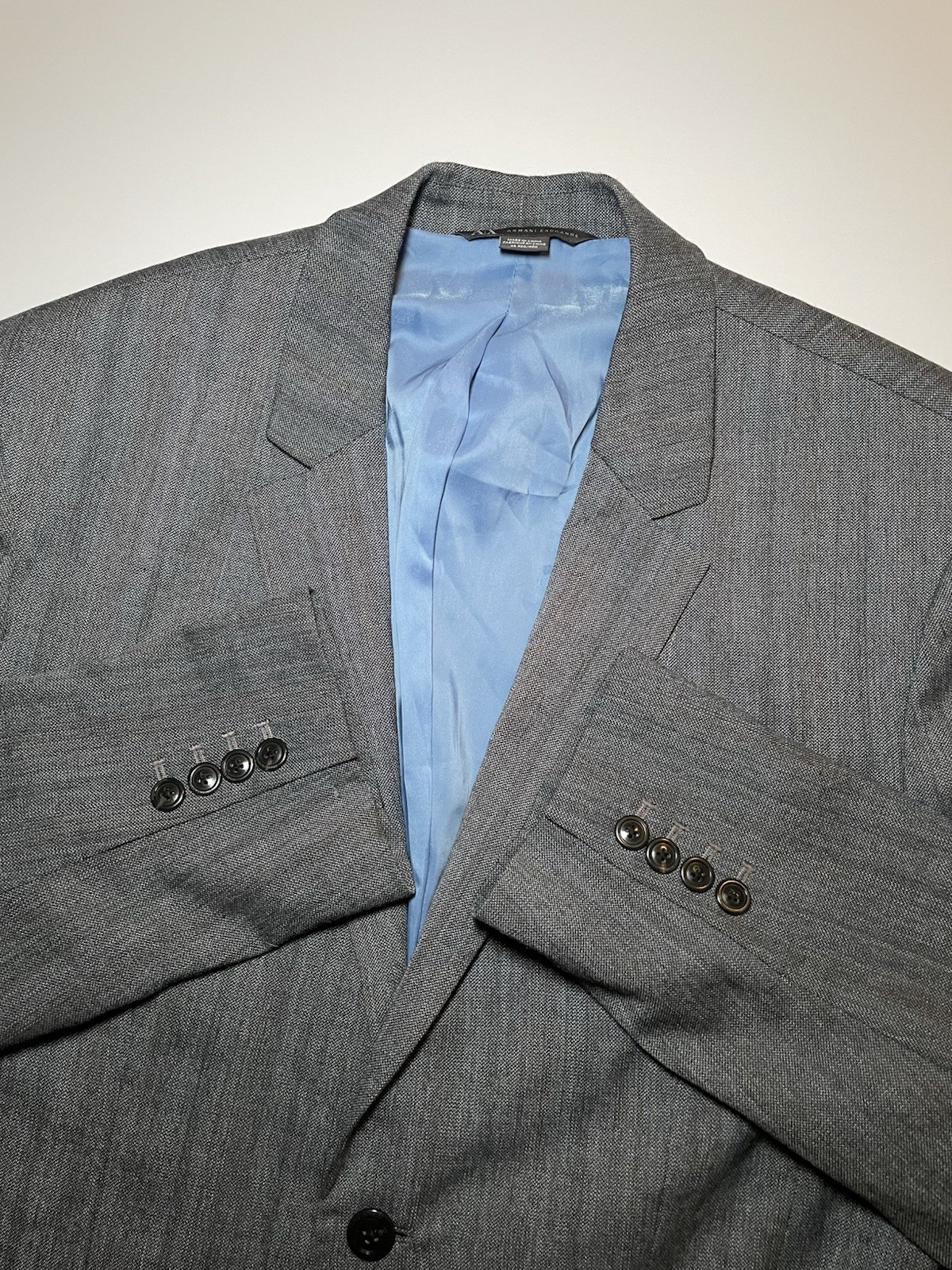 Armani Exchange Blazer Jacket Mens 46R Grey Blue Pinstripe Wool Blend Holiday