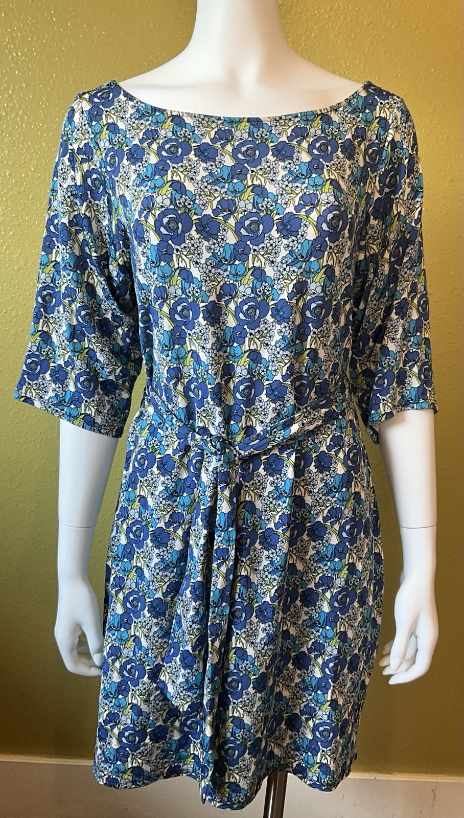 Leota Compass Rose A Line Dress Belted Blue Floral Print Made In USA NYC Spring