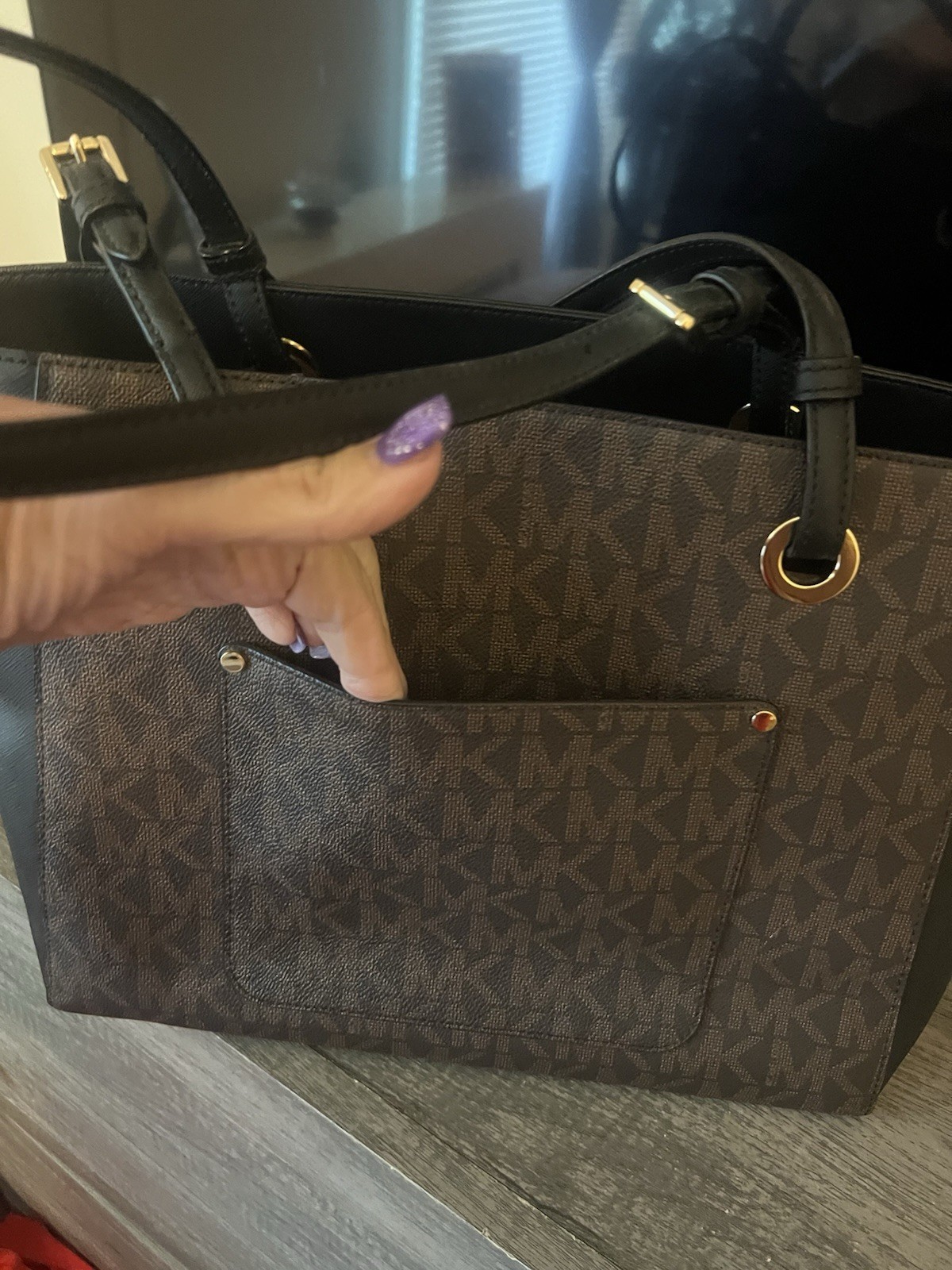 Michael Kors Monogram Zip Tote Bag Brown/Black Double Handles Gold Charm Pockets