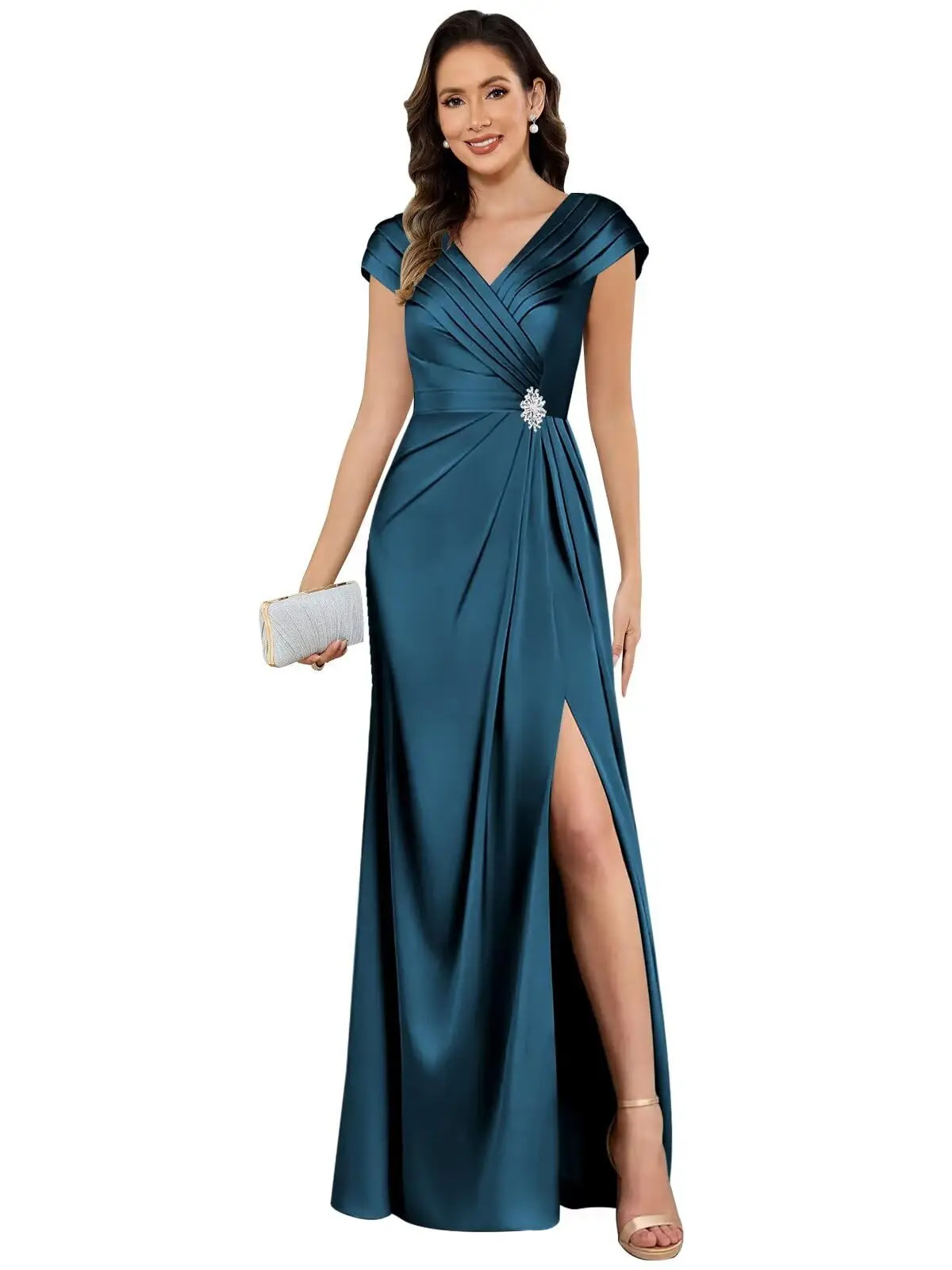 Customized Satin Mother of The Bride Dresses with Slit VNeck Beaded Formal Dress