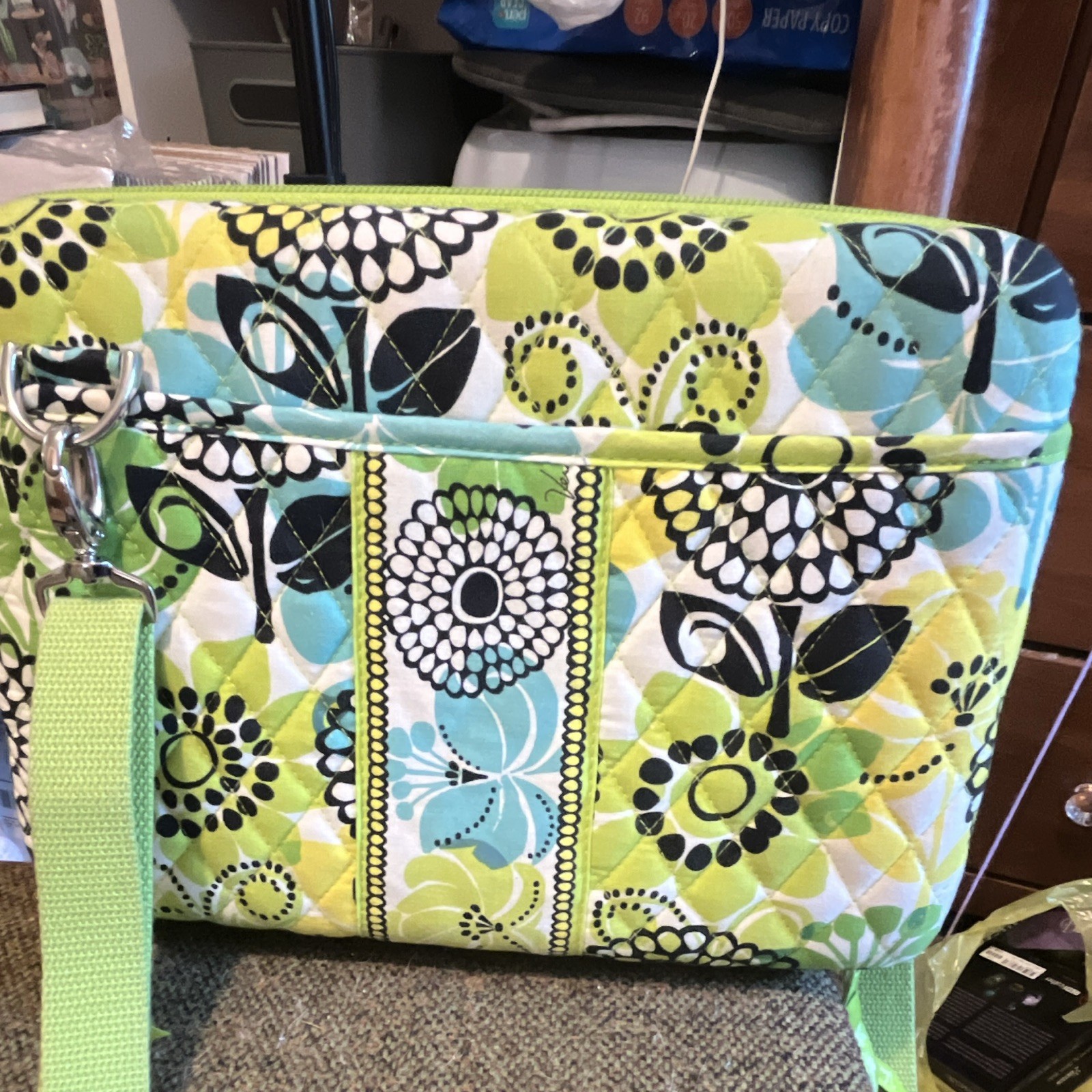 Vera Bradley Green Blue Floral Quilted Crossbody Bag Zip Detachable Strap