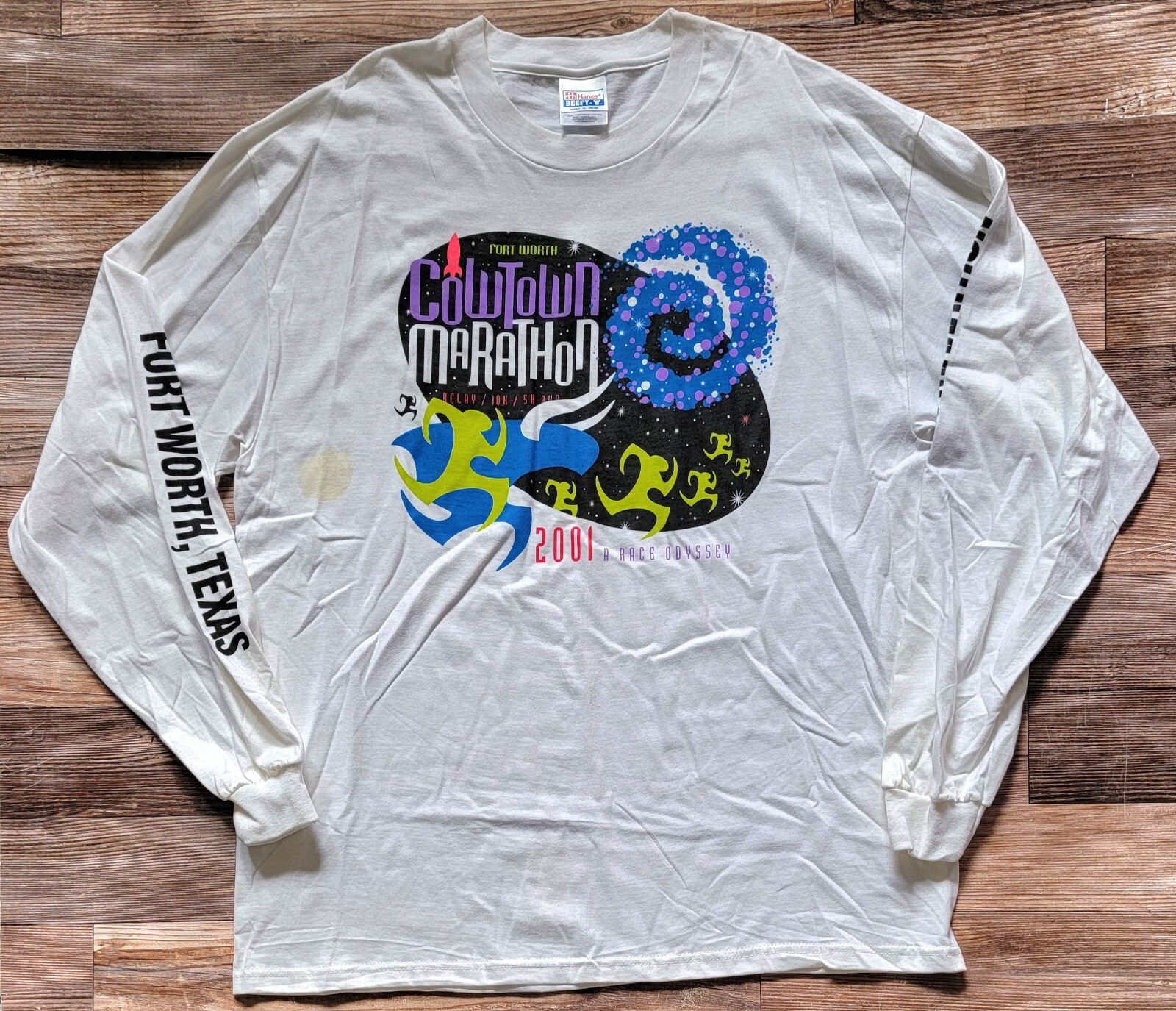 Vintage 2001 Forth Worth Marathon Race Odyssey T-Shirt Size XL White Long Sleeve