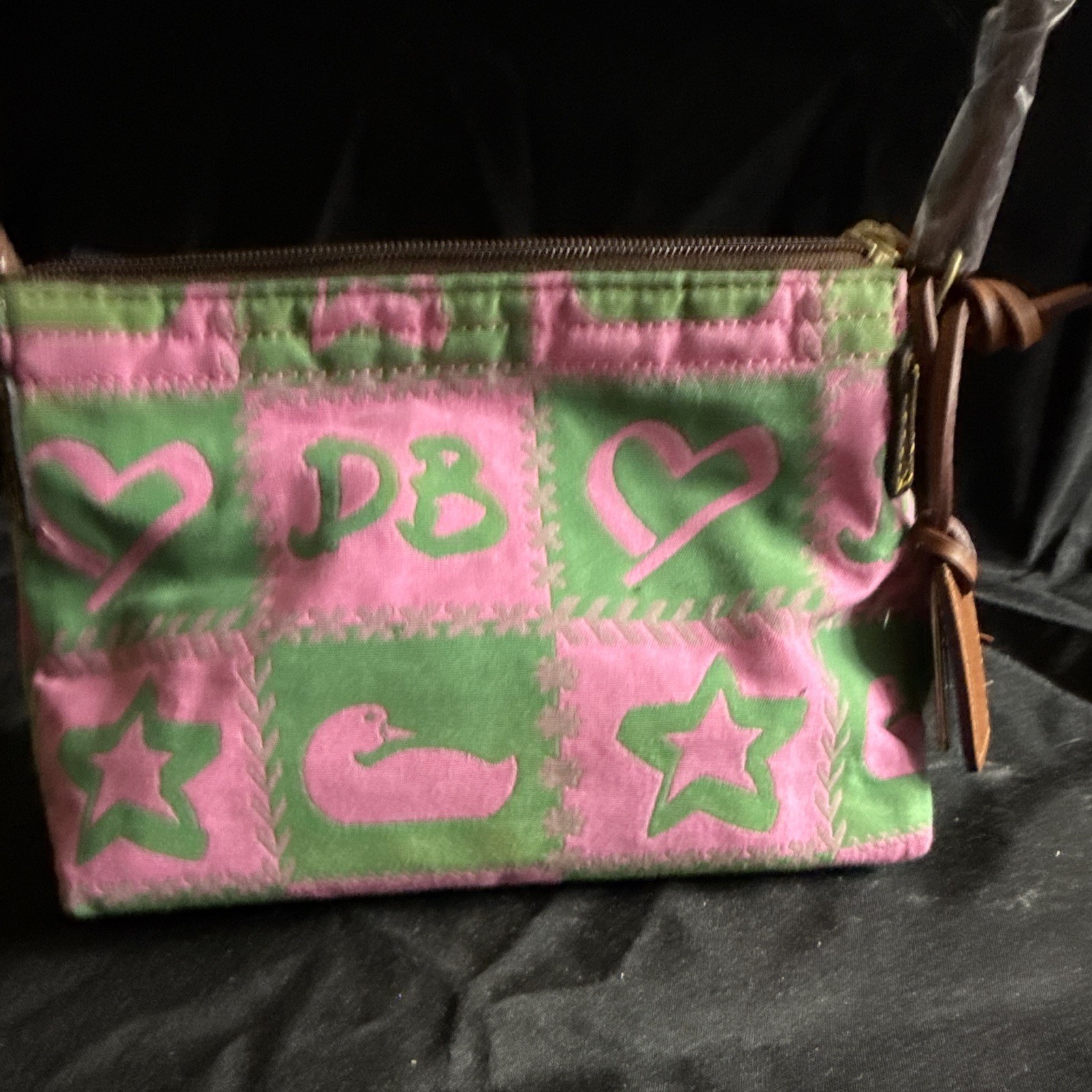 Dooney & Bourke Pink Green Logo Top Handle Zip Bag Lined Pockets Gold