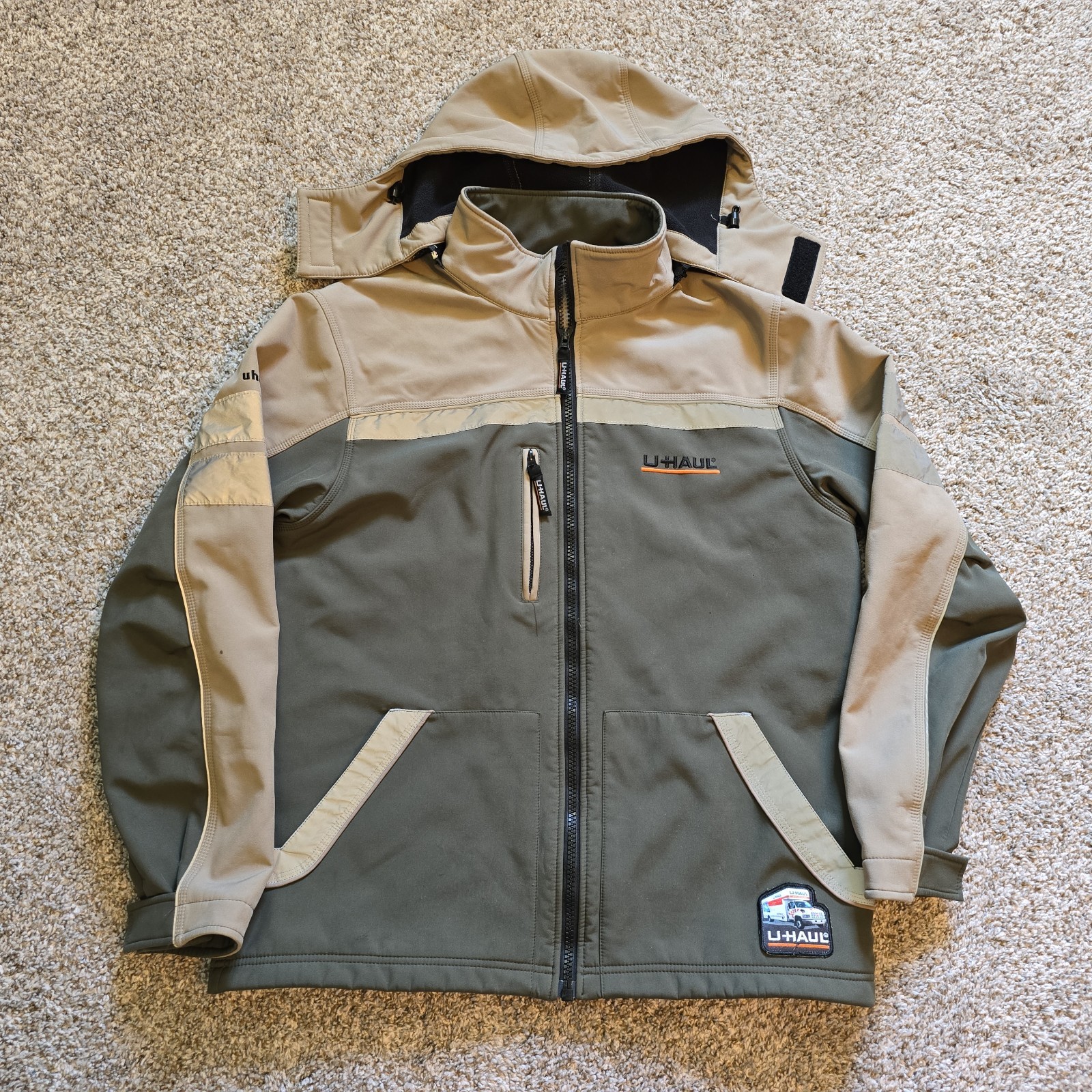 U-Haul Jacket Mens Green Tan Hooded Reflective Workwear Softshell Zip Up XL