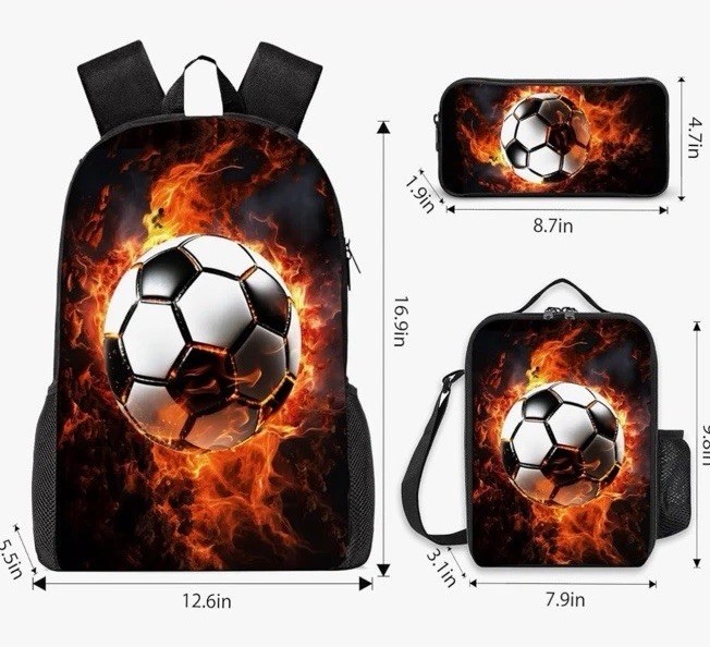 SOCCER Backpack Lunchbox Pencil Case Ball Flames Kids School Set World Cup Vibes