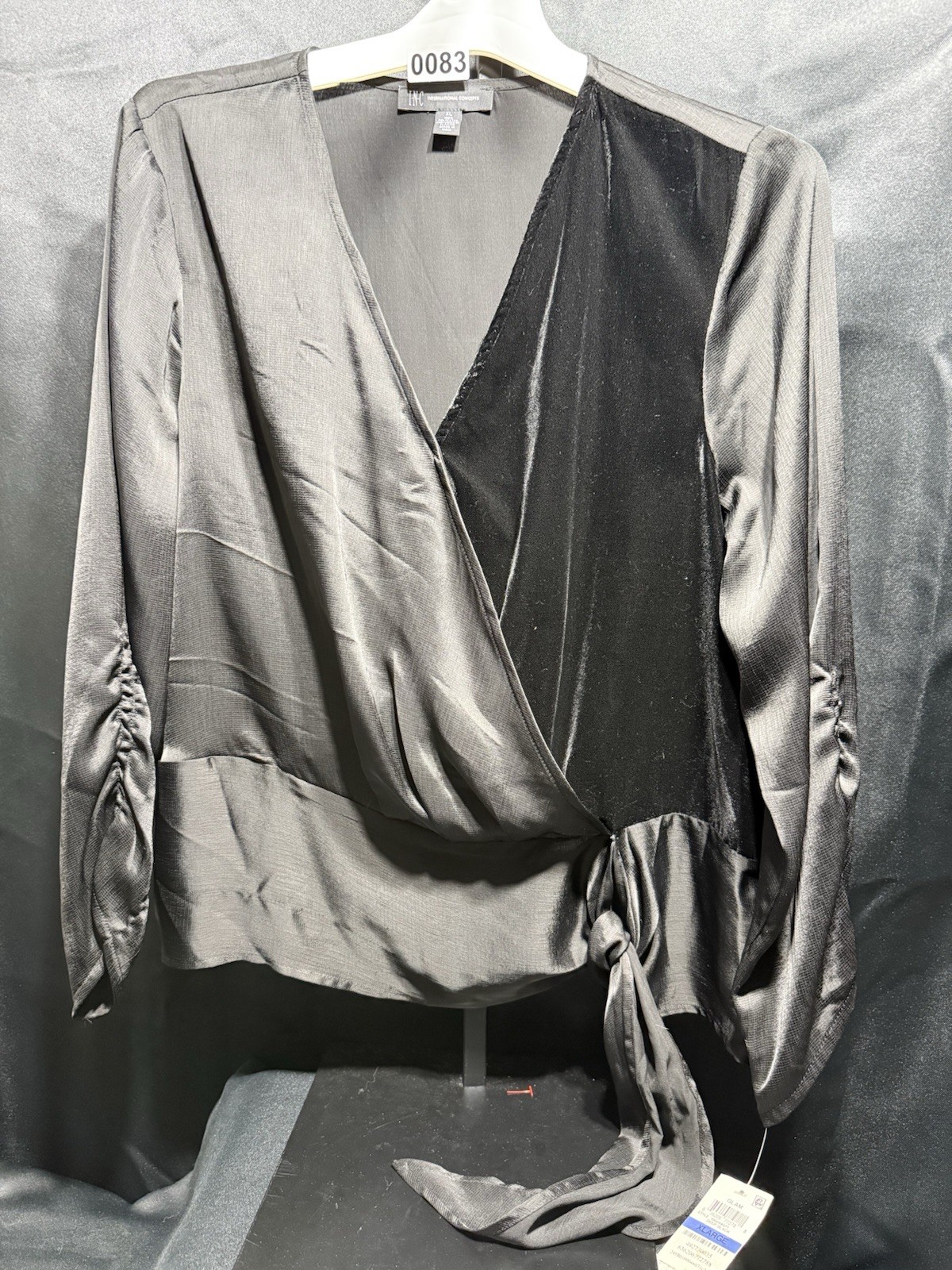 INC International Concepts Women’s XL Black Solid Velvet Wrap Tie V-Neck Blouse