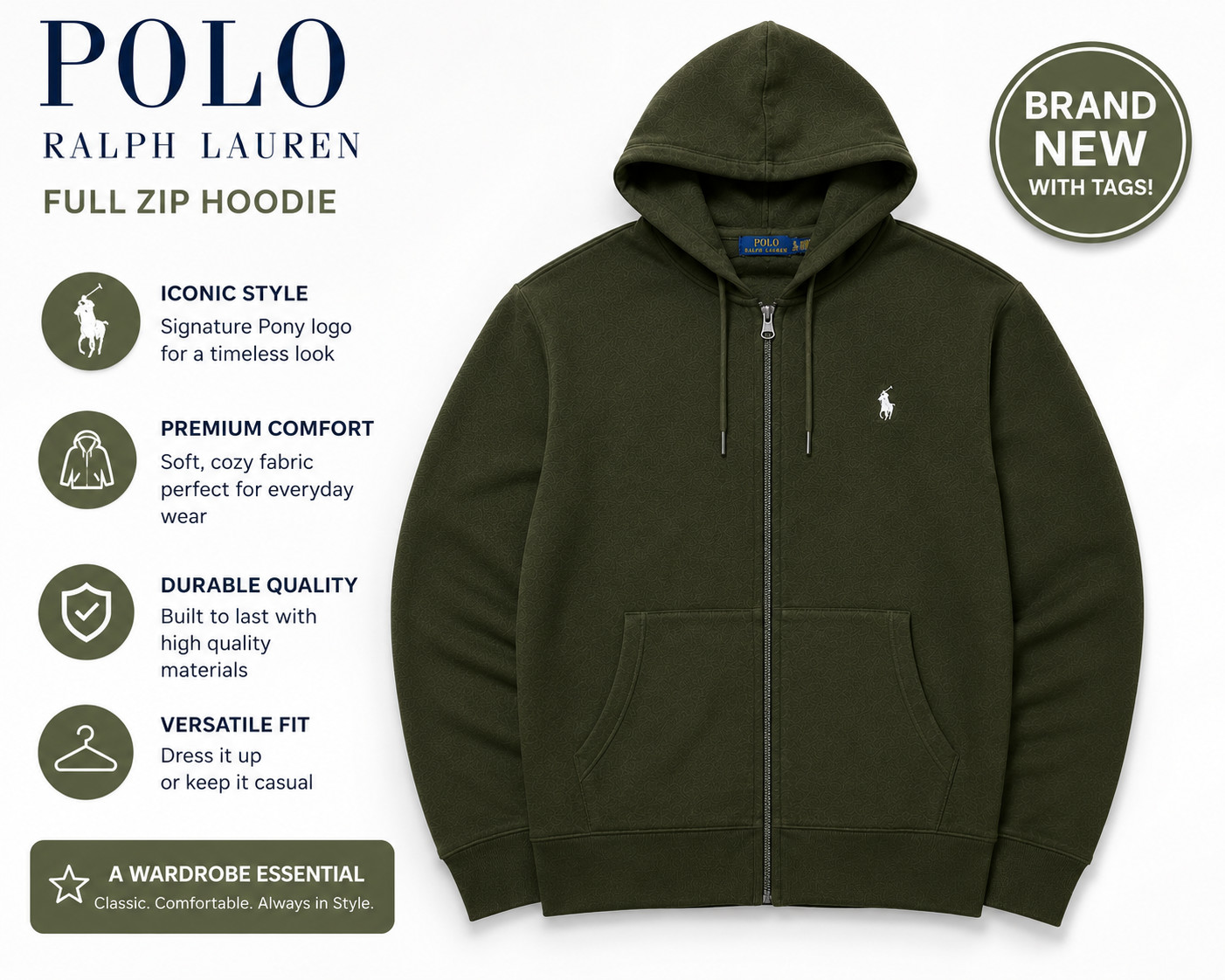 Polo Ralph Lauren Men’s Double Knit Tech Fleece Full-Zip Hoodie Olive XL