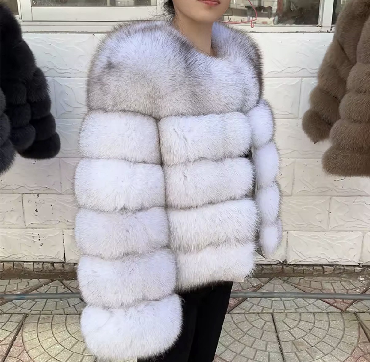 Women’s Fur Trim Coat Mid-Length Long Sleeve Solid Winter White Gray Size M
