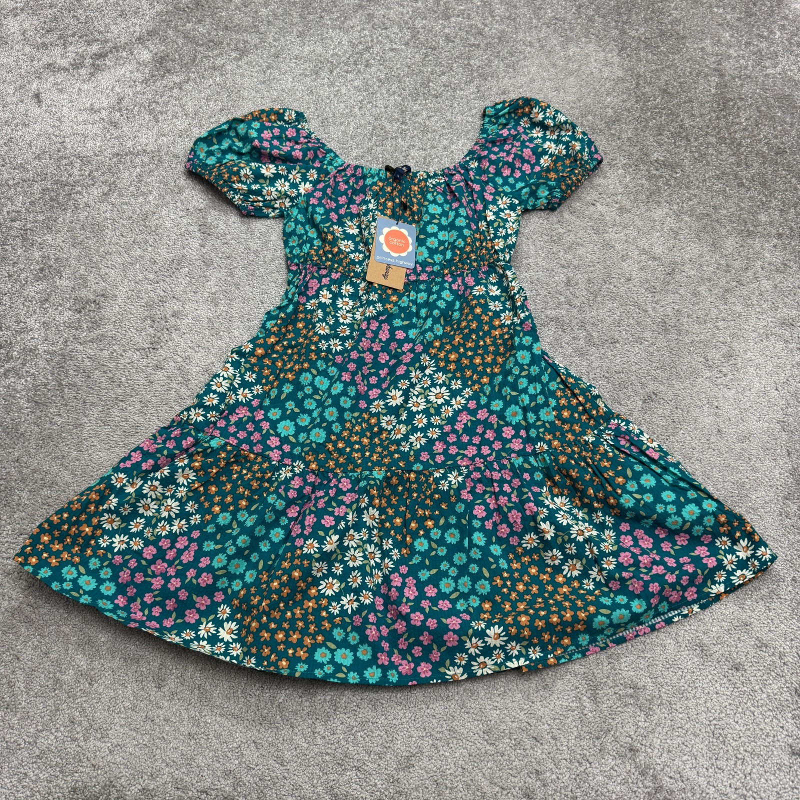 Princess Highway Teal Wendy Floral Mini Dress Womens 8 Blue Puff Sleeve Boho NWT
