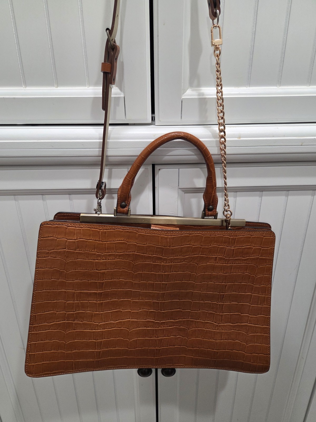 Claudia Firenze Vtg Lg Brown Croc Embossed Top Handle Satchel Detachable Strap