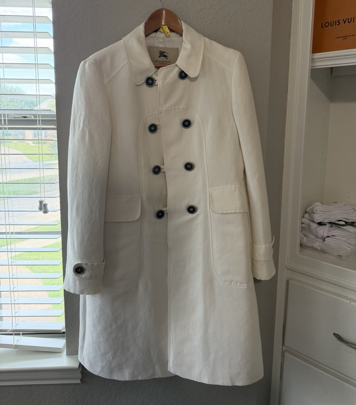 Burberry London Women’s White Linen Double-Breasted Collared Pea Coat 12R