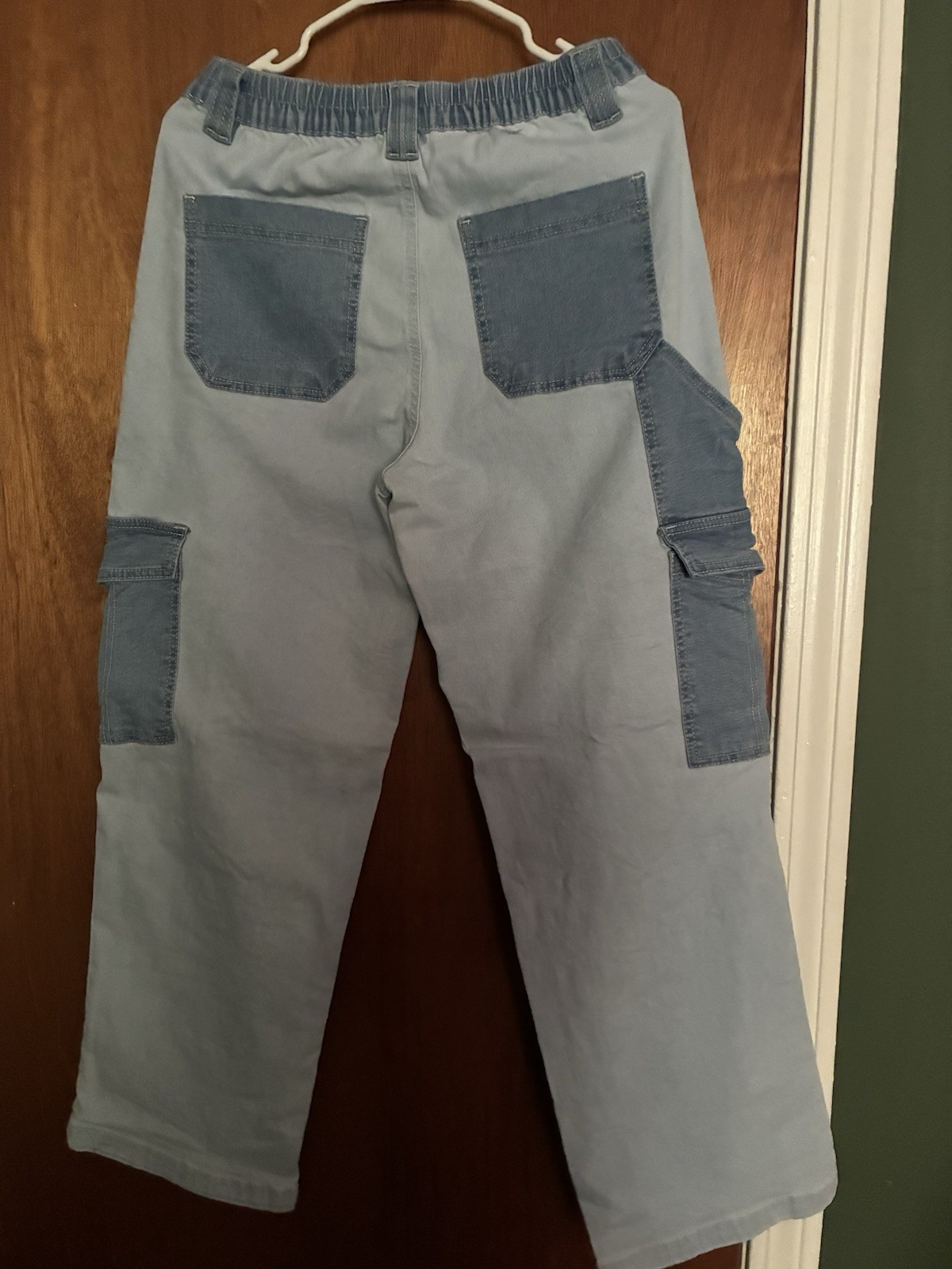 Women’s Blue/Gray Colorblock Cargo Pants Cotton Canvas Elastic Waist