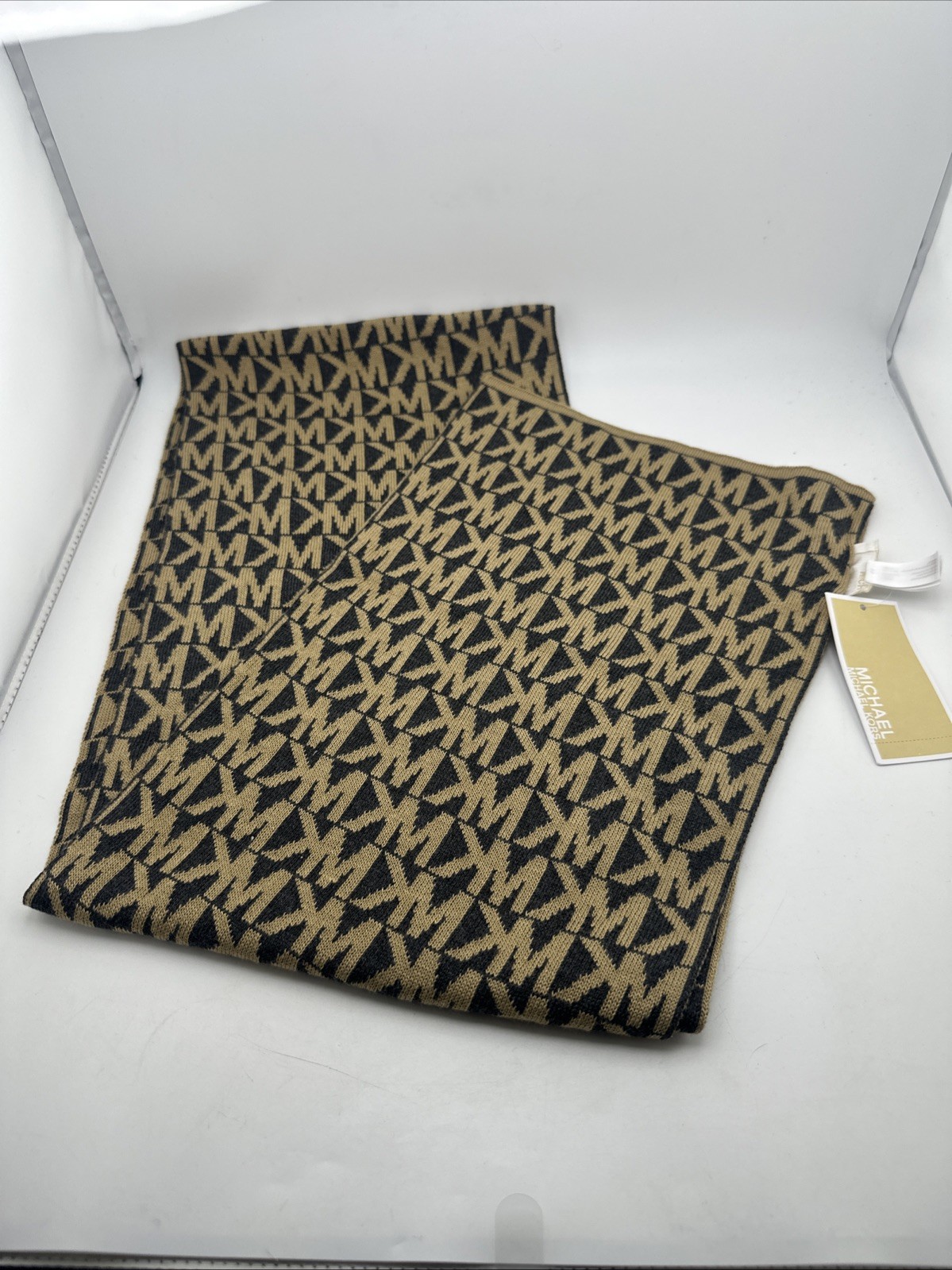 MICHAEL KORS KNITTED FABRIC,ACRYLIC CAMEL+BLACK SCARF,SHAWL,WRAP
