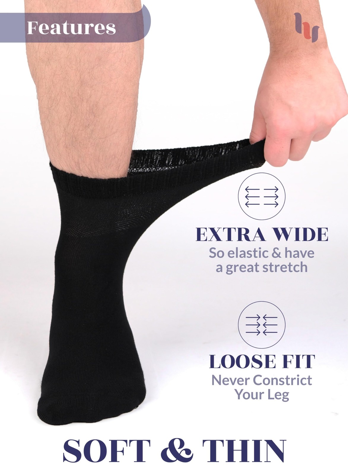 Hugh Ugoli Diabetic Socks for Men, Loose Ankle 11-13, 04- Black (4 Pairs)