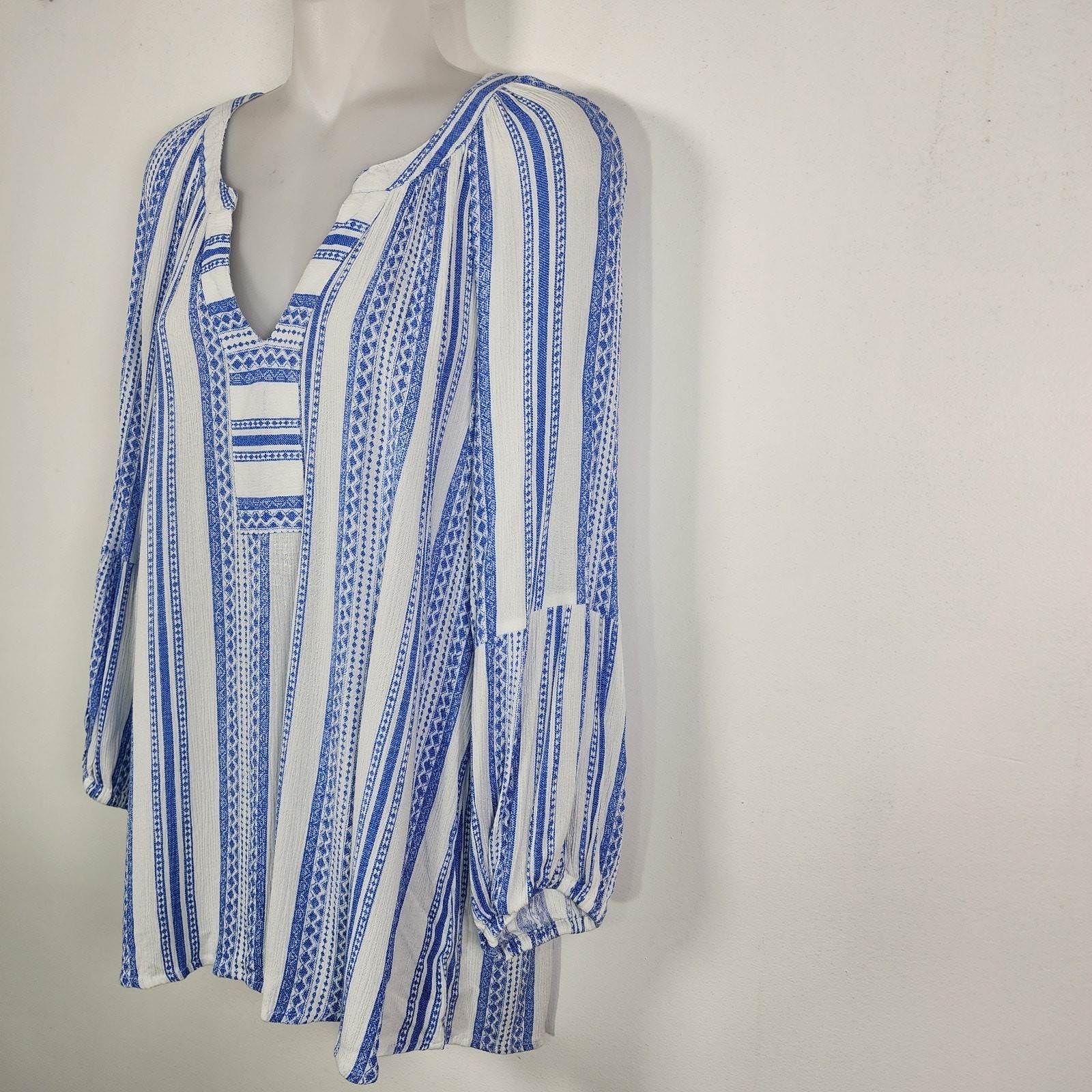 Brina & Em Womens Colter Split Neck Top Blue White Striped 3/4 Sleeve Boho XL