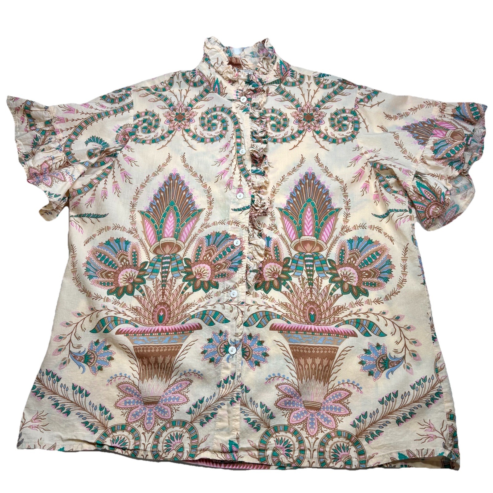 MILLE Resort & Travel Vanessa Ruffle Trim Pink Floral Top Size Large Boho Chic