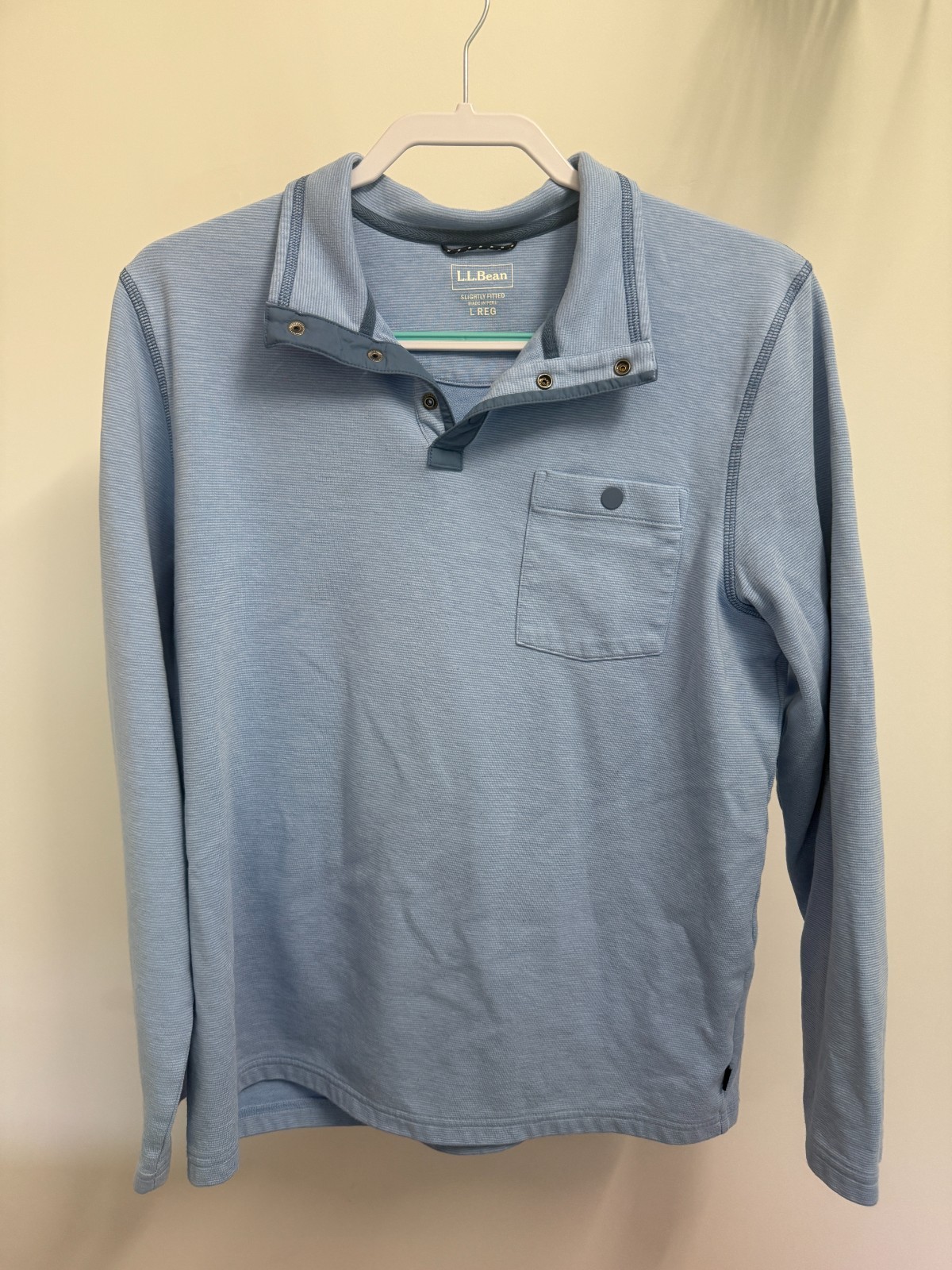 LL Bean Mens Cotton Blend Mock Neck Pullover Light Blue Lare Regular 1/4 Snap